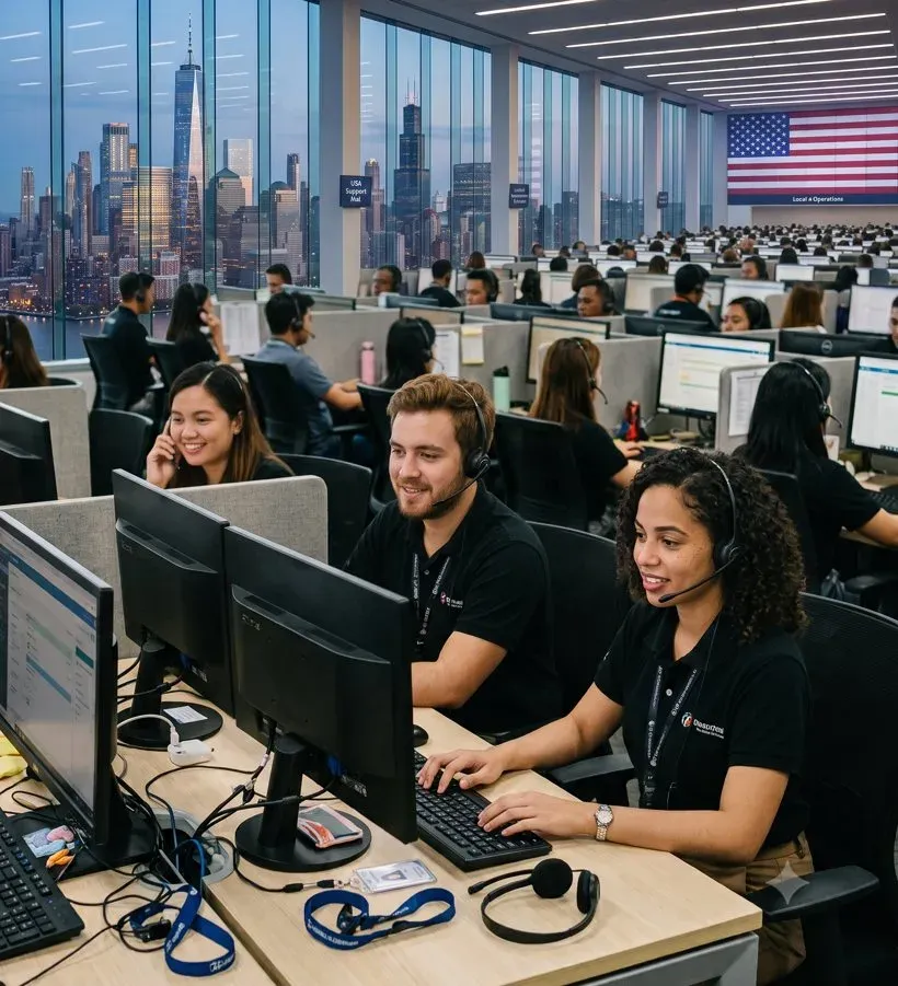 Large US contact center floor with agents taking customer calls