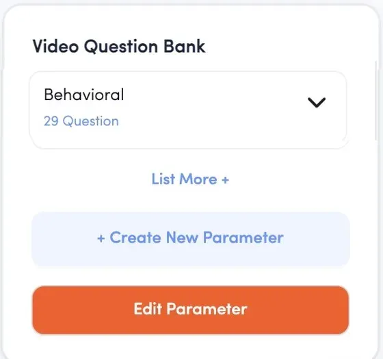 Video Question Bank showing a Behavioral parameter with 29 questions, plus Create New Parameter and Edit Parameter controls