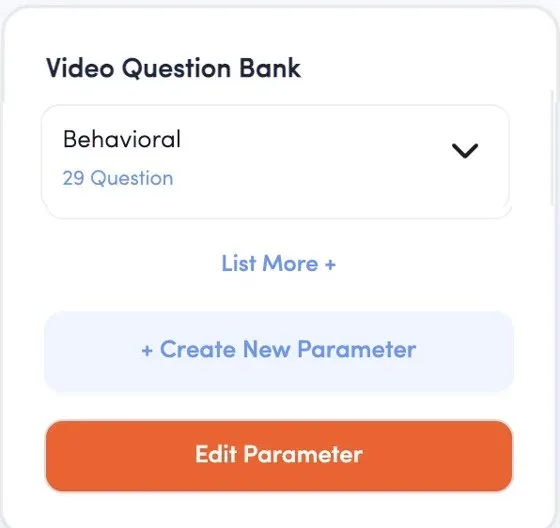 Video Question Bank showing a Behavioral parameter with 29 questions, plus Create New Parameter and Edit Parameter controls
