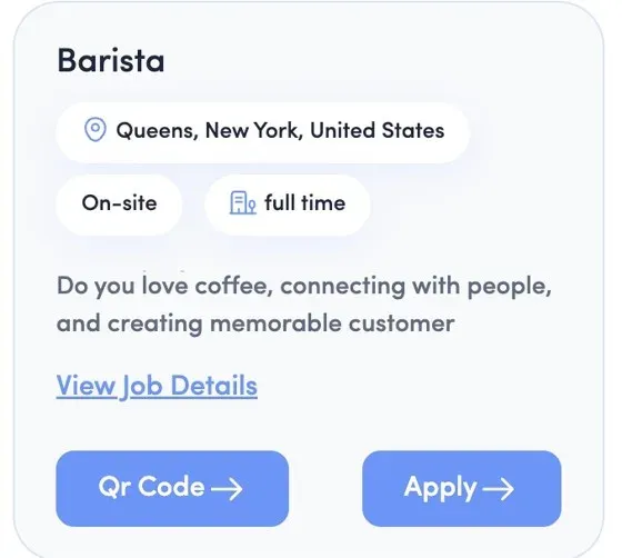 Barista job posting in Queens, New York with on-site and full-time tags, View Job Details link, and QR Code and Apply buttons